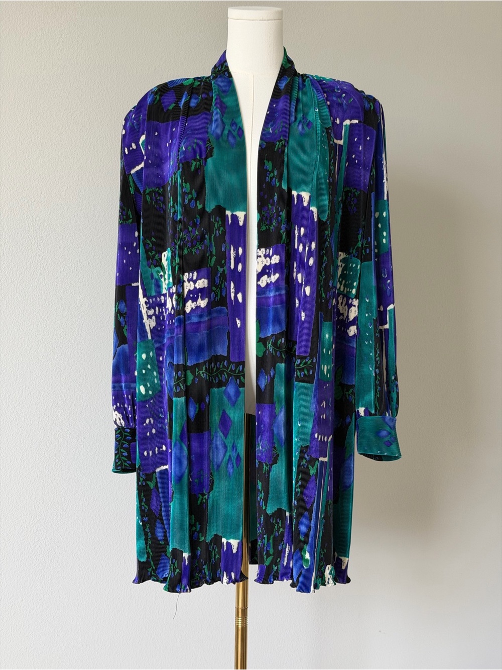 Vintage 80s Plisse Abstract Teal & Purple Open-Front Duster Cardigan - XL